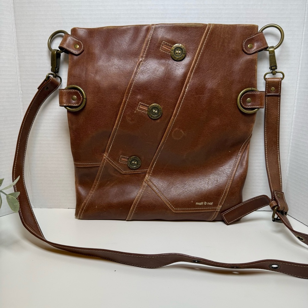 Matt & Nat Brown Vegan Leather Messenger Crossbody Bag with Brass Button Accents